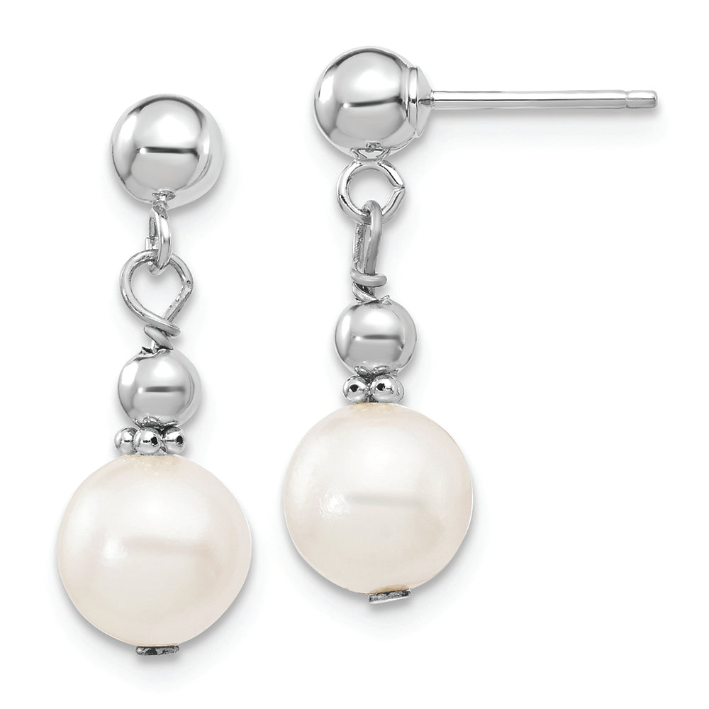 14kw 7-8mm White Semi-round Freshwater Cultured Pearl Post Dangle Earrings