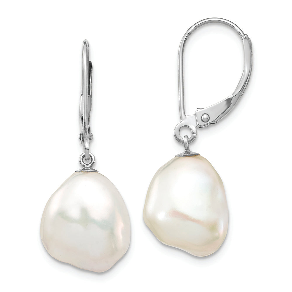 14K White Gold 10x13mm Keshi White FWC Pearl Dangle Earrings