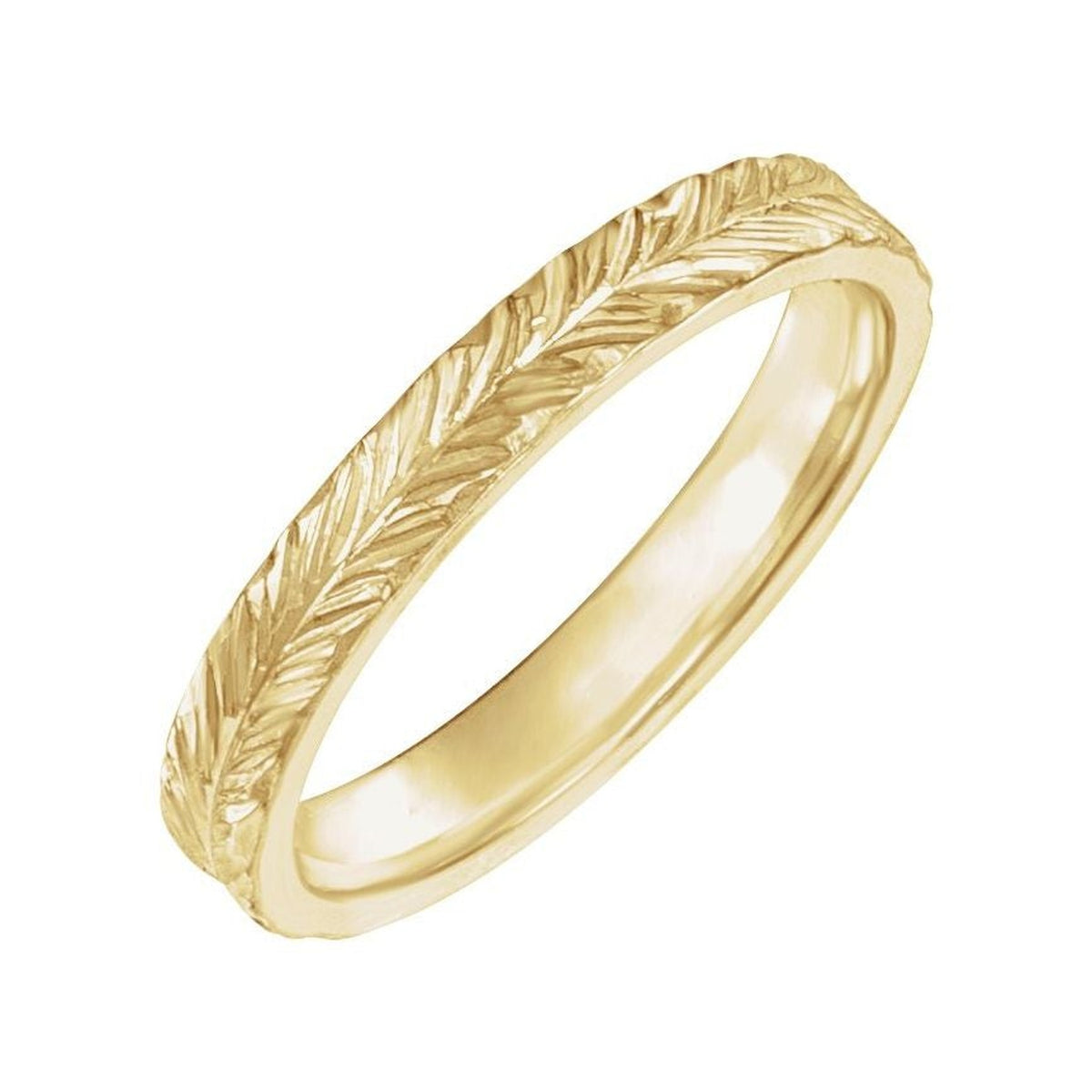 Hand-Engraved Wheat Patterned Flat Band in 14K Gold