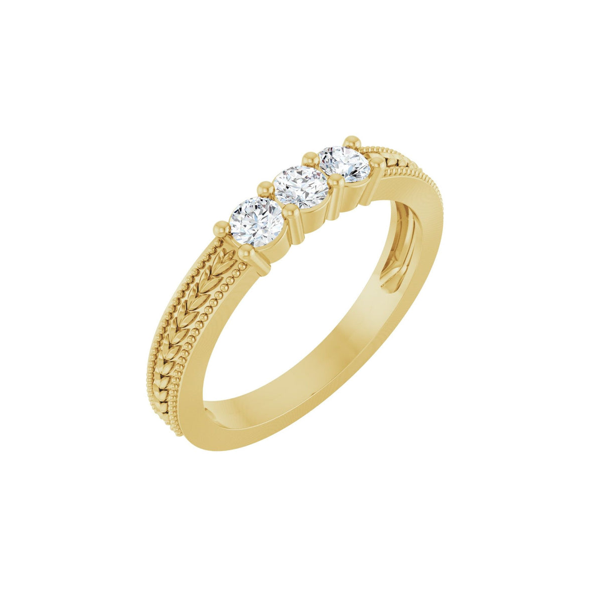 Lab-Grown Diamond Milgrain Edge Floral Three-Stone Anniversary Band in 14K Gold - 14K Yellow Gold