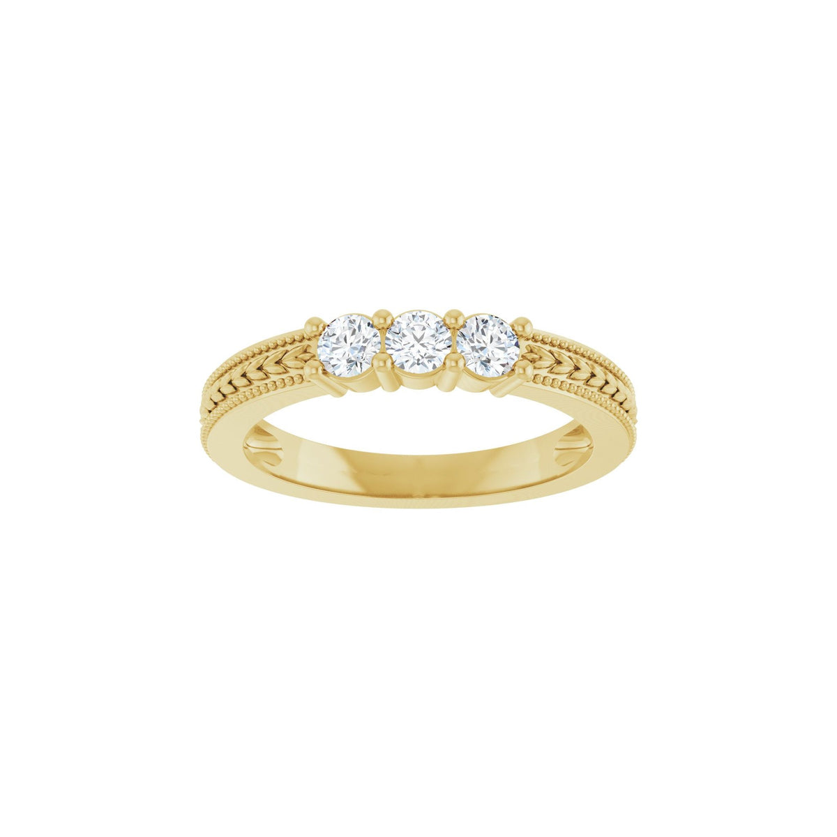 Lab-Grown Diamond Milgrain Edge Floral Three-Stone Anniversary Band in 14K Gold - 14K Yellow Gold