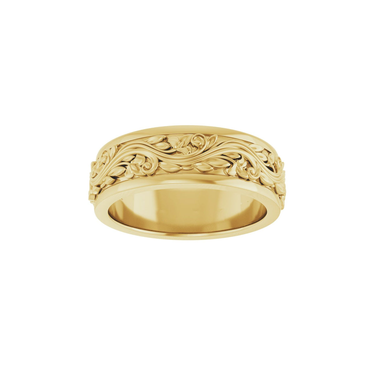 Men's Floral Inlay Flat Band in 14K Gold - 14K Yellow Gold