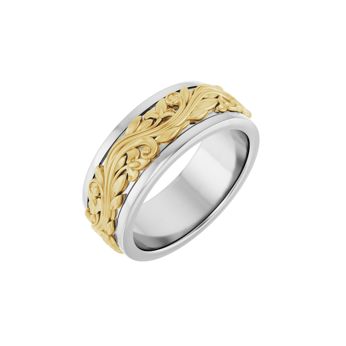 Men's Floral Inlay Flat Band in 14K Gold - 14K Two-Tone Gold
