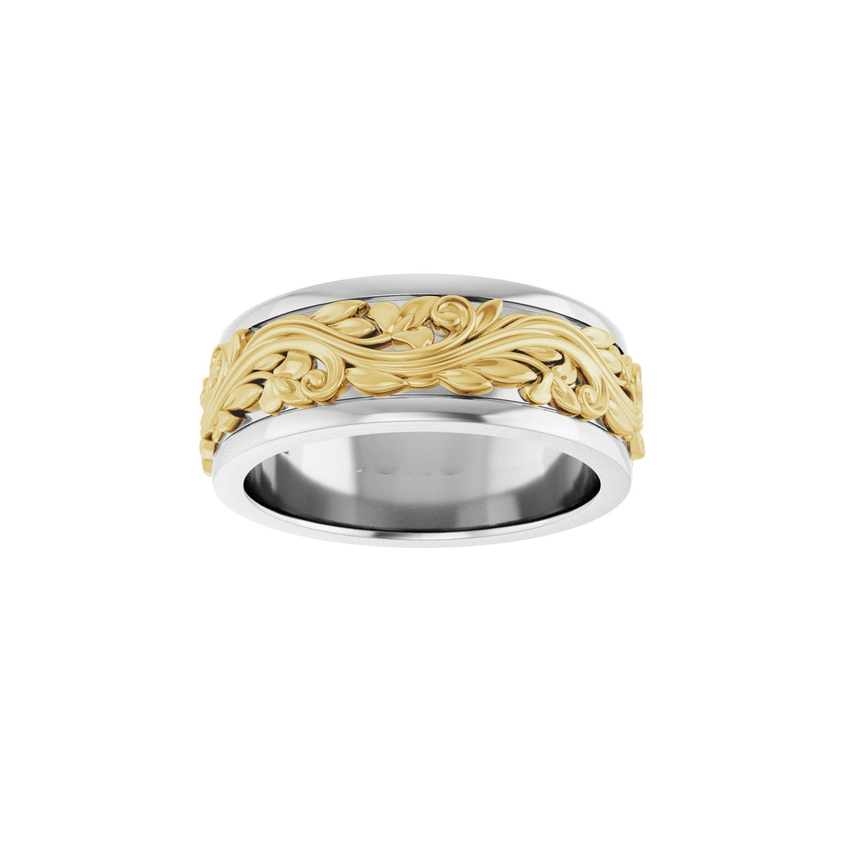 Men's Floral Inlay Flat Band in 14K Gold - 14K Two-Tone Gold