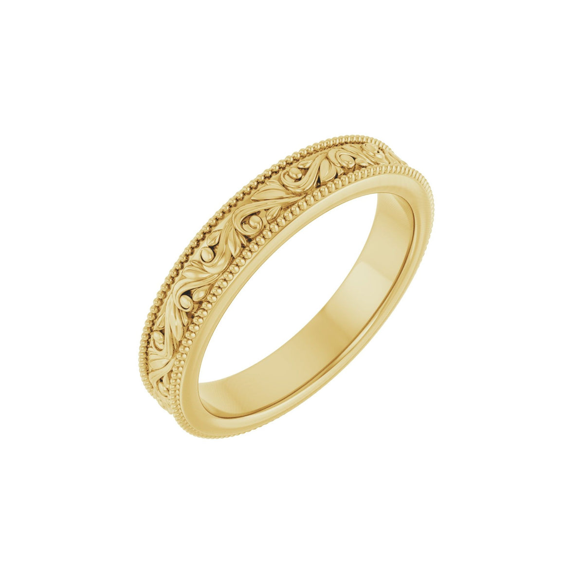 Men's Milgrain Edge Floral Flat Band in 14K Gold or Platinum - 14K Yellow Gold
