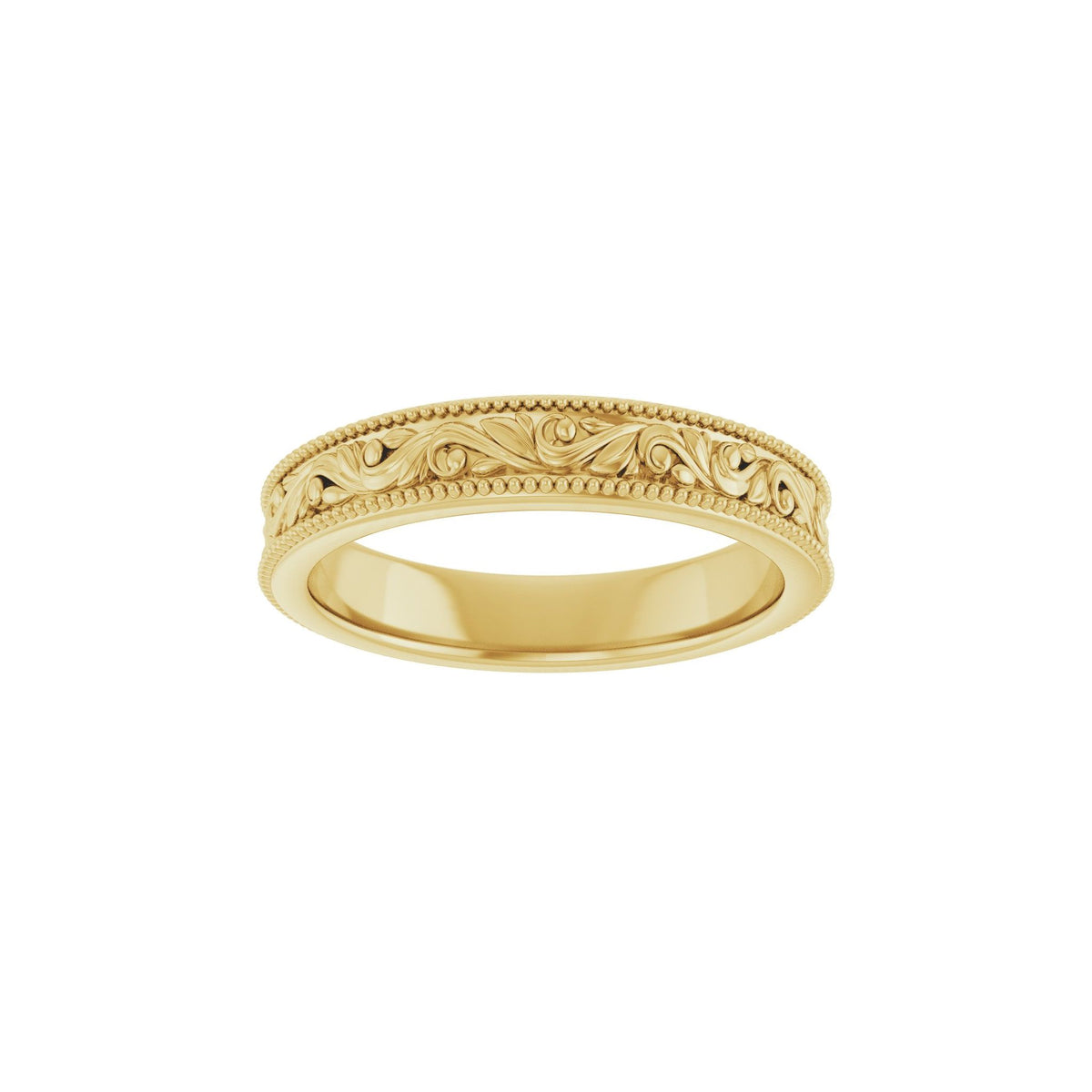Men's Milgrain Edge Floral Flat Band in 14K Gold or Platinum - 14K Yellow Gold