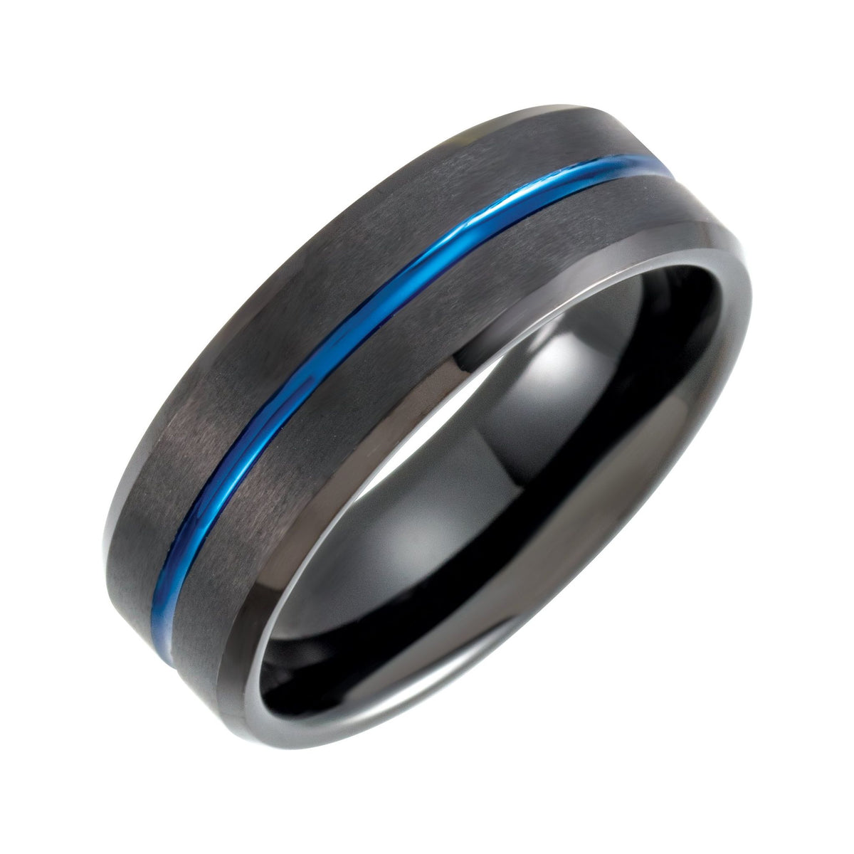 Men's Tungsten Beveled-Edge Grooved Comfort-Fit Band, Black - Black