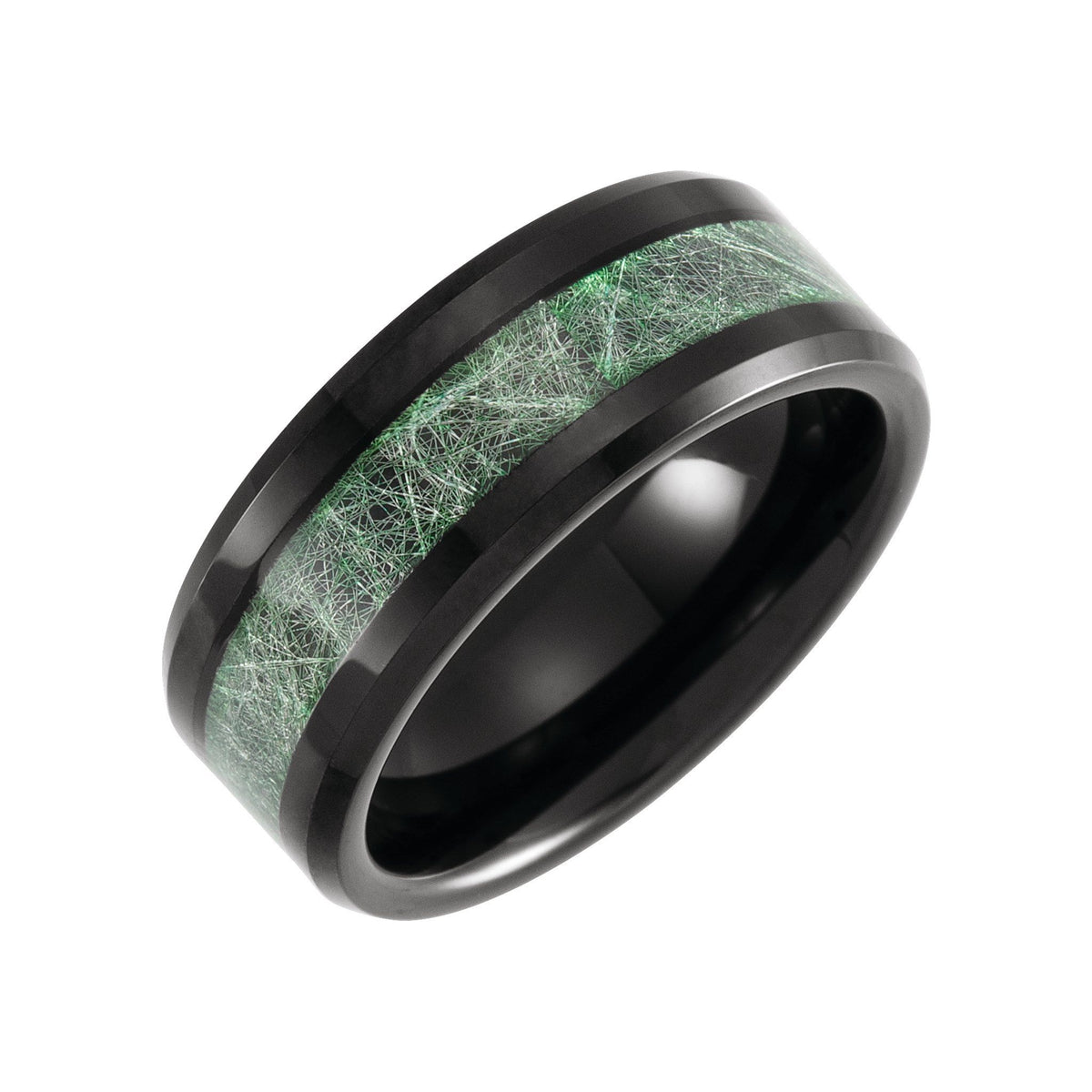 Men's Tungsten Beveled-Edge Imitation Meteorite Inlay Comfort-Fit Band - Black