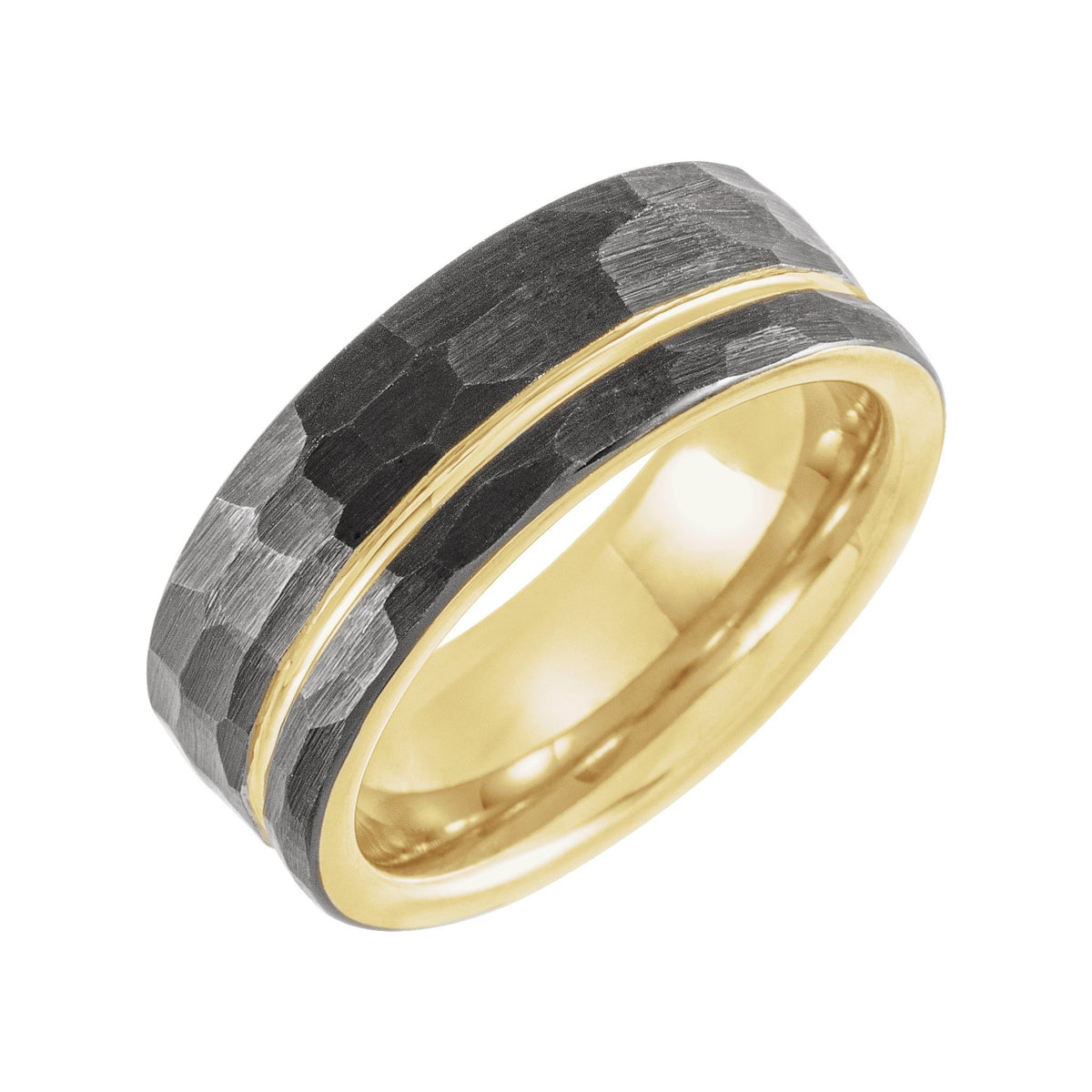 Men's Tungsten Grooved Comfort-Fit Flat Band with Hammer Finish, Black - Black