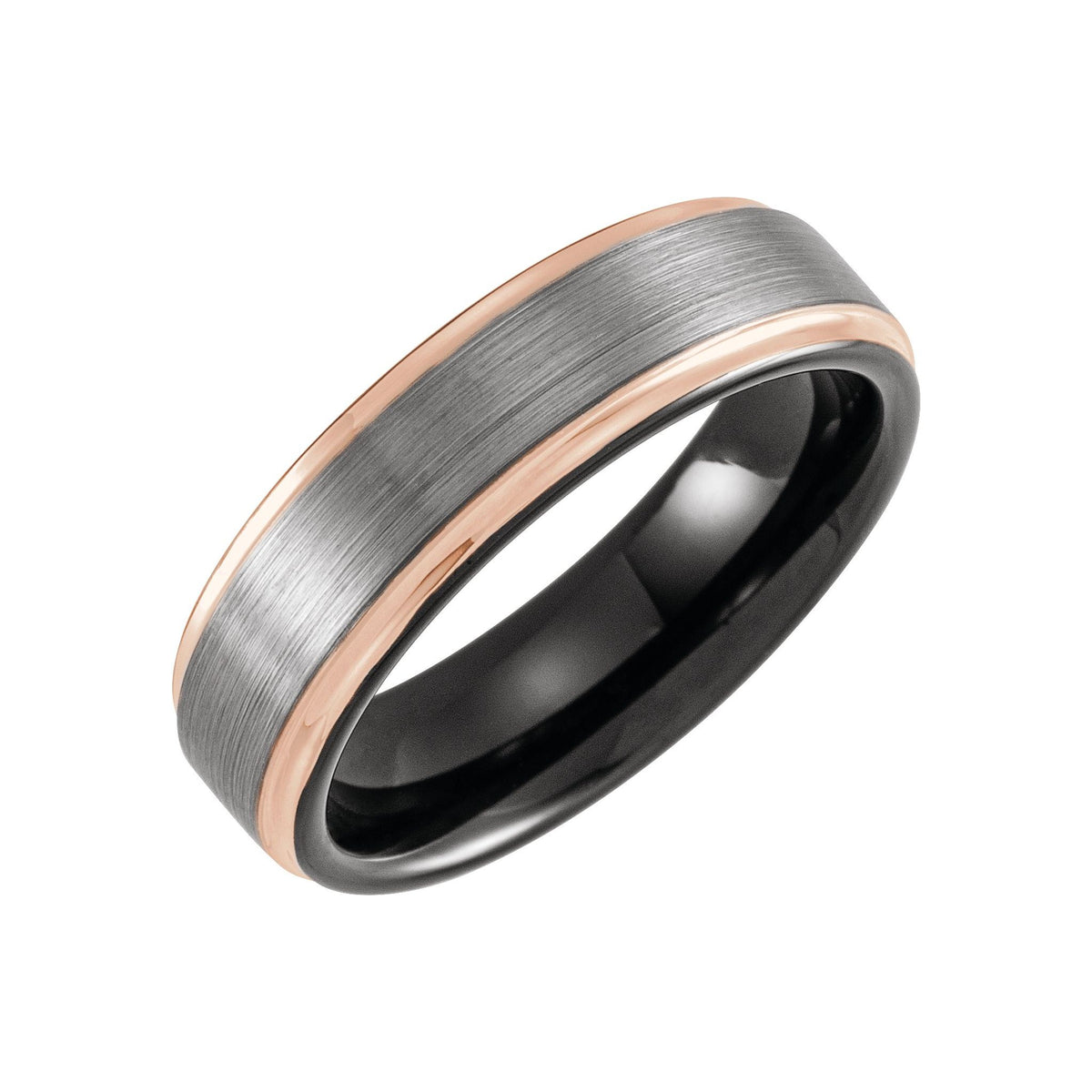 Men's Tungsten Grooved Comfort-Fit Flat Band with Satin Finish - Black & Rose Tone