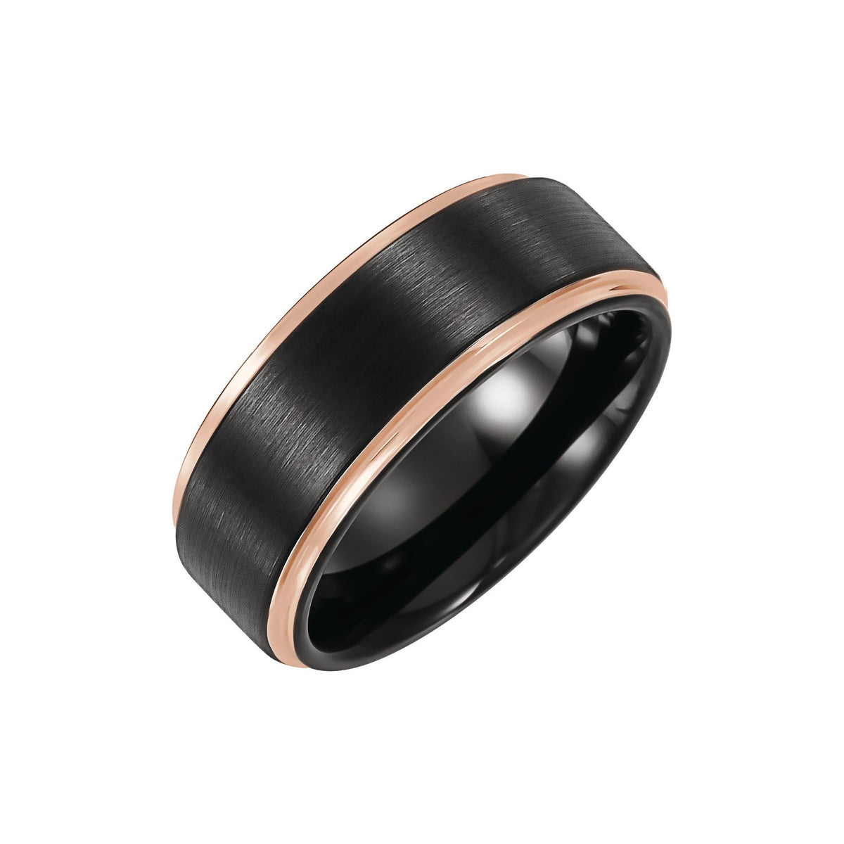 Men's Tungsten Stepped-Edge Comfort-Fit Flat Band - Black & Rose Tone
