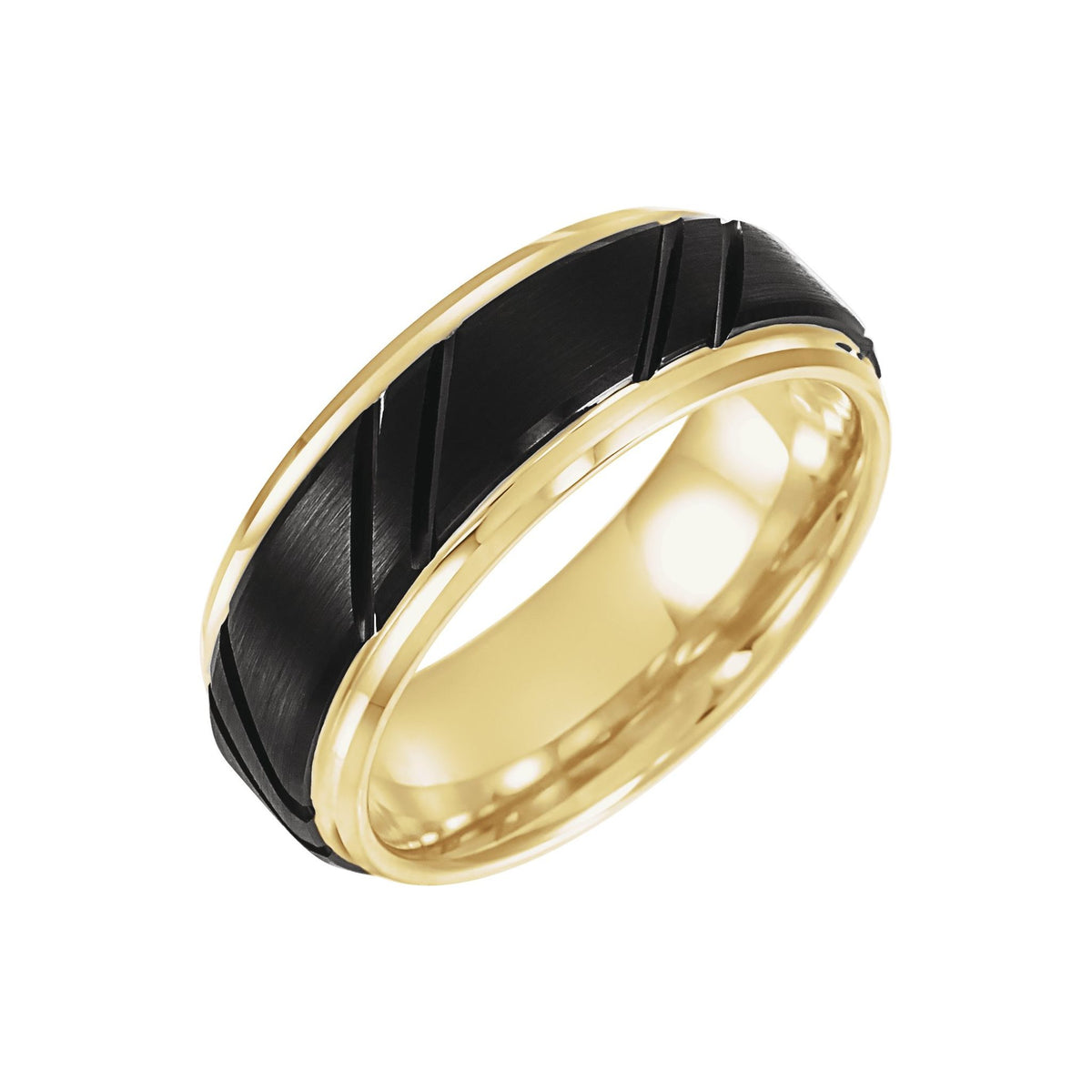 Men's Tungsten Stepped-Edge Diagonal Grooved Comfort-Fit Flat Band - Black