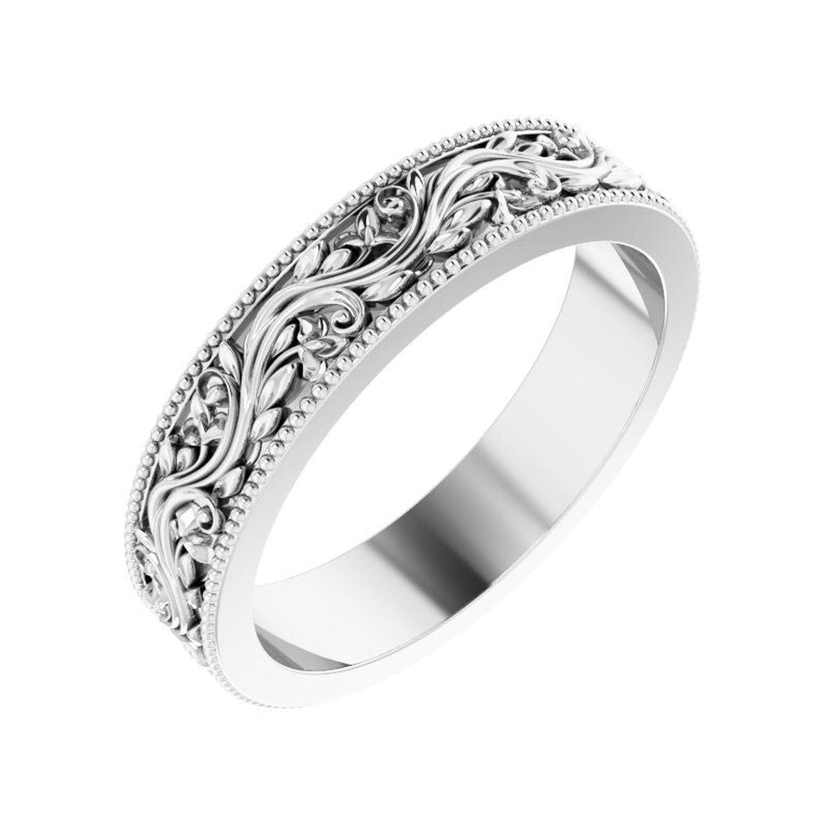 Milgrain Edge Floral Flat Band in 14K Gold