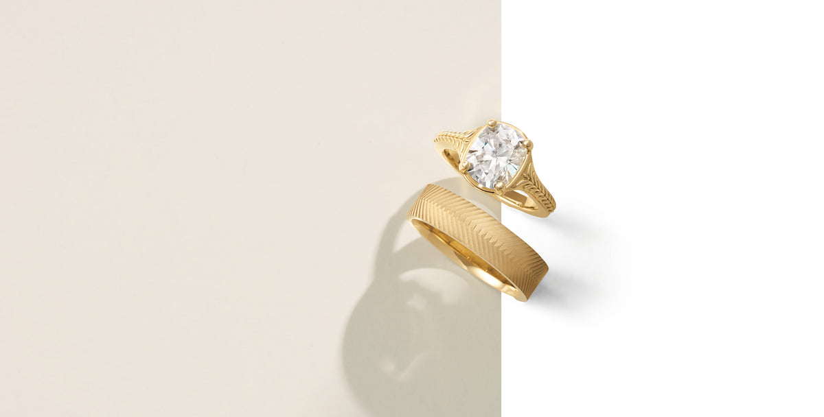 Custom gold diamond engagement ring and textured band – Picasso Gold & Diamond Chicago