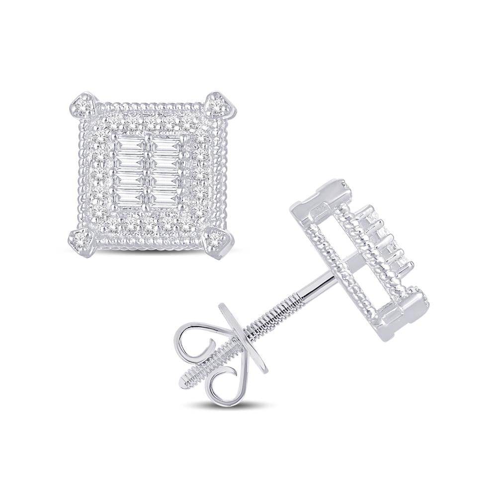 10K White Gold Diamond Earrings – 0.30 Carat Round & Baguette Square Frame Design - Picasso Gold & Diamond Jewelry