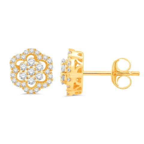 10 Karat All Yellow Gold 0.44 Carat Diamond Flower Earrings - Picasso Gold & Diamond Jewelry