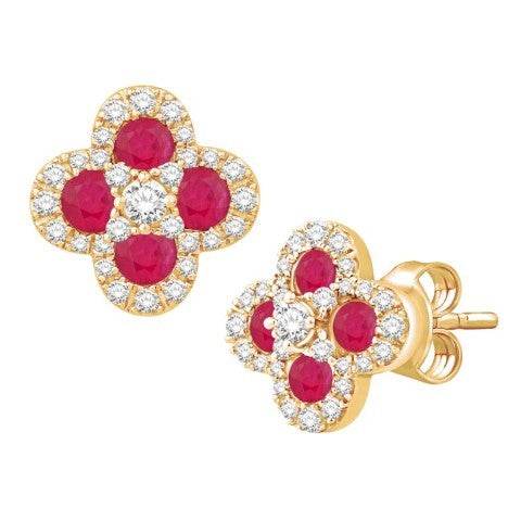 14 Karat Yellow Gold 1.21 Carat Diamond (0.81 Ruby) Flower Earrings - Picasso Gold & Diamond Jewelry