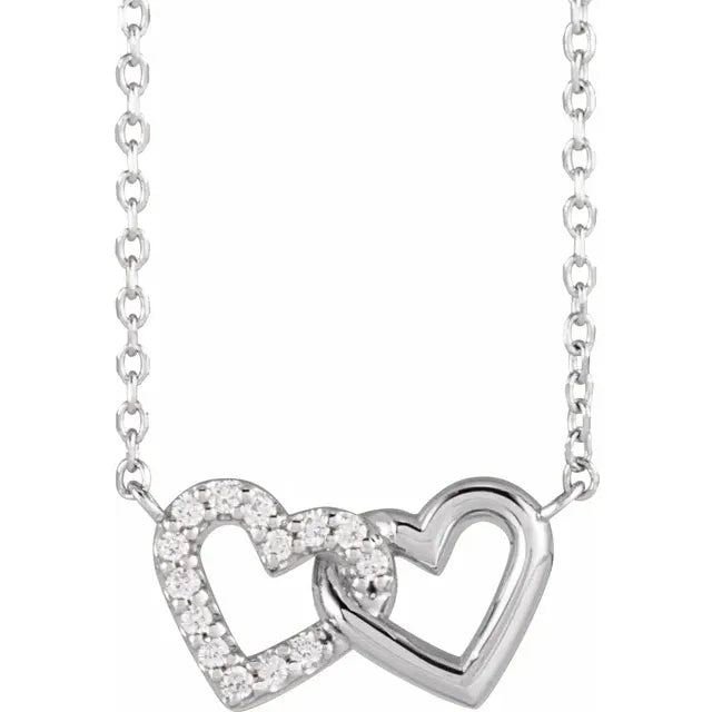 14K White .05 CTW Natural Diamond Petite Double Interlocking Heart 16-18" Necklace - Picasso Gold & Diamond Jewelry