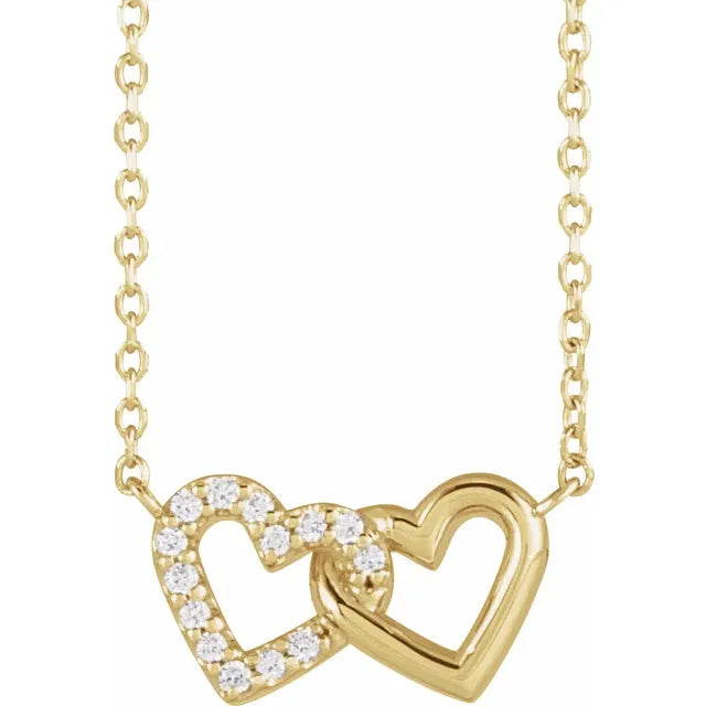 14K Yellow Gold .05 CTW Natural Diamond Petite Double Interlocking Heart 16-18" Necklace - Picasso Gold & Diamond Jewelry